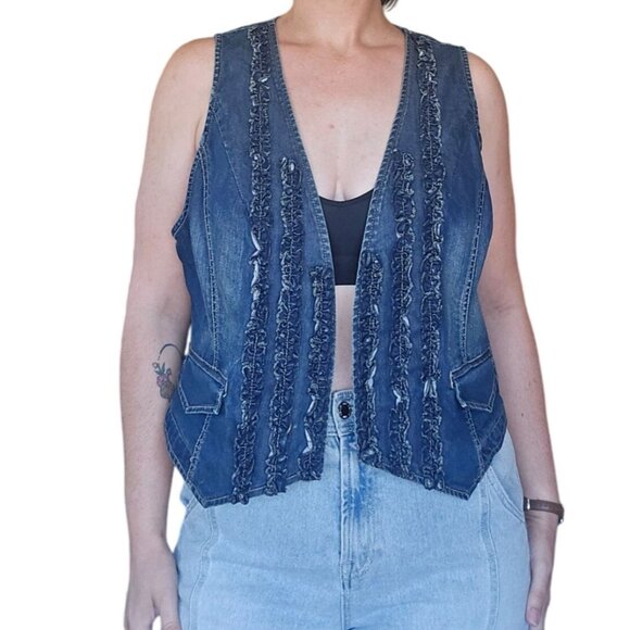 Chico's Ruffle Open Front Denim Vest Women's XL 90s Retro Boho Casual Western - Picture 2 of 8